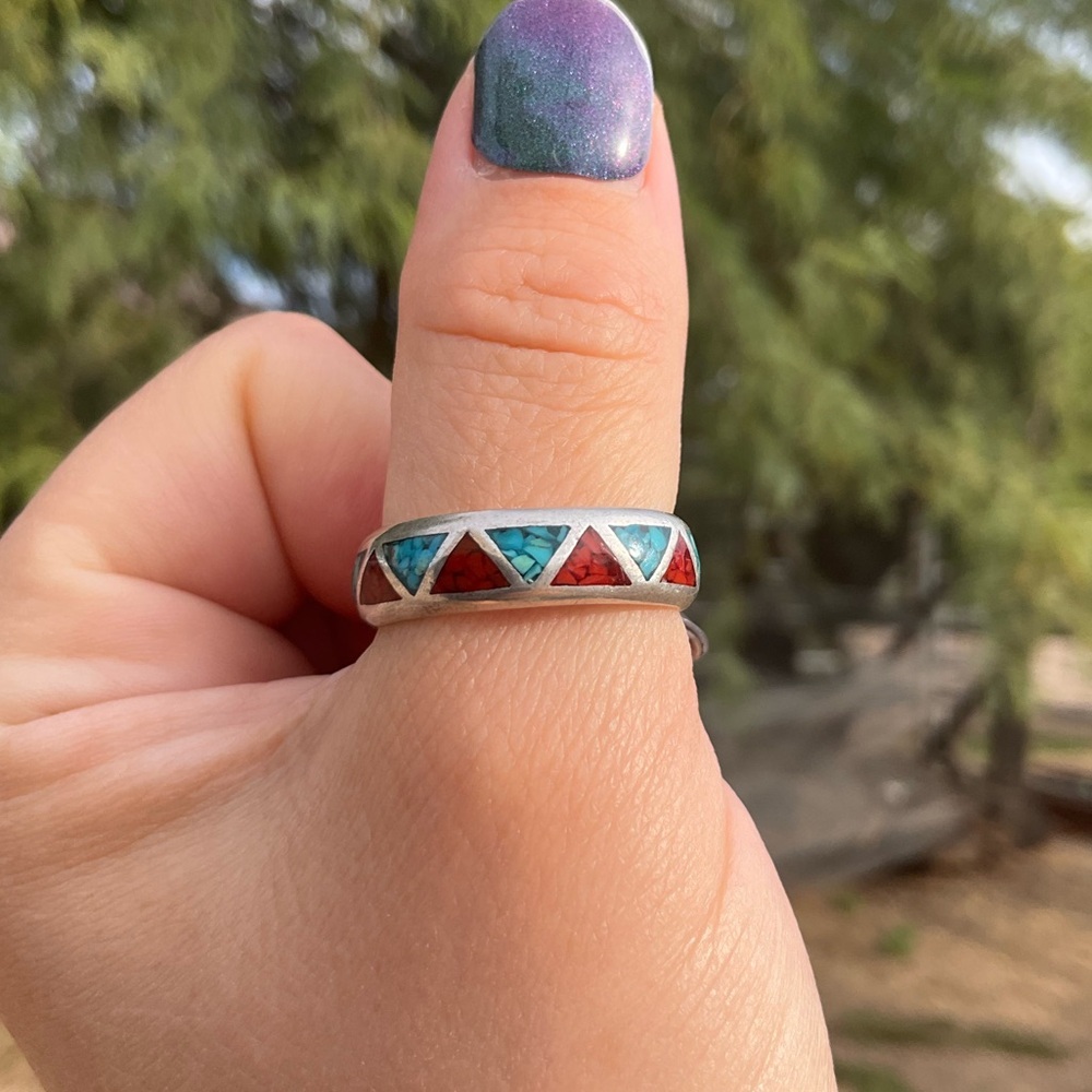 Native American Turquoise & Coral Band - Picture 2 of 7